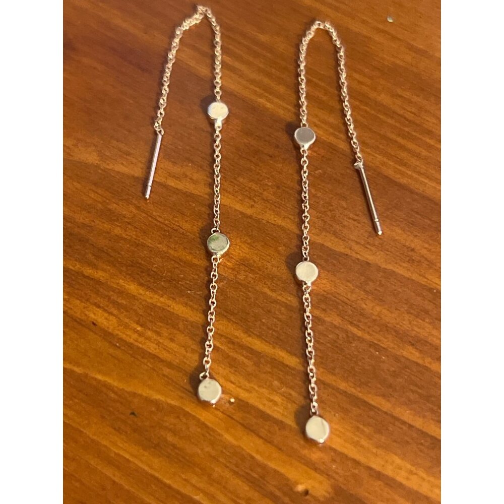 Delicate Rose Gold Tone Chain Threader Earrings Minimalist Disc Accents 4.5"